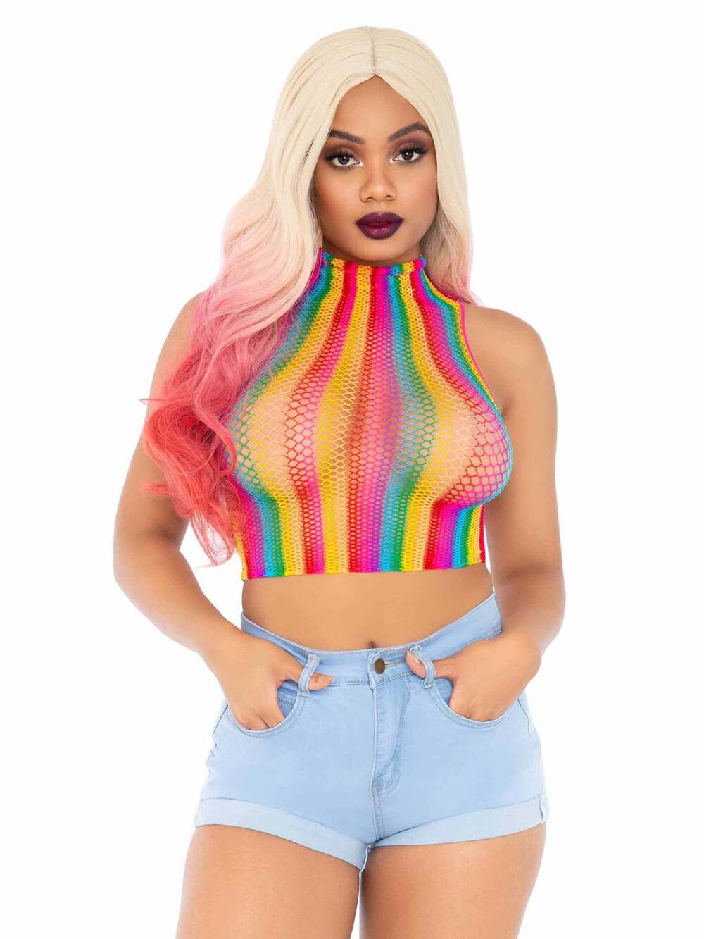 leg Avenue - High Voltage Rainbow Fishnet Crop Top - MULTICOLOR